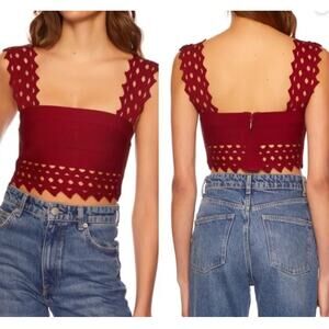 Susana Monaco Oxblood Red Laser-Cut Lace Open Stitch Bandage Crop Top Size M NWT